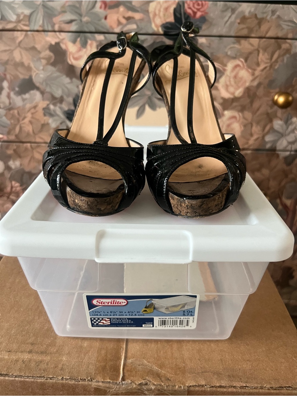 Christian Louboutin Black Patent Leather T-Strap Platform Sandals